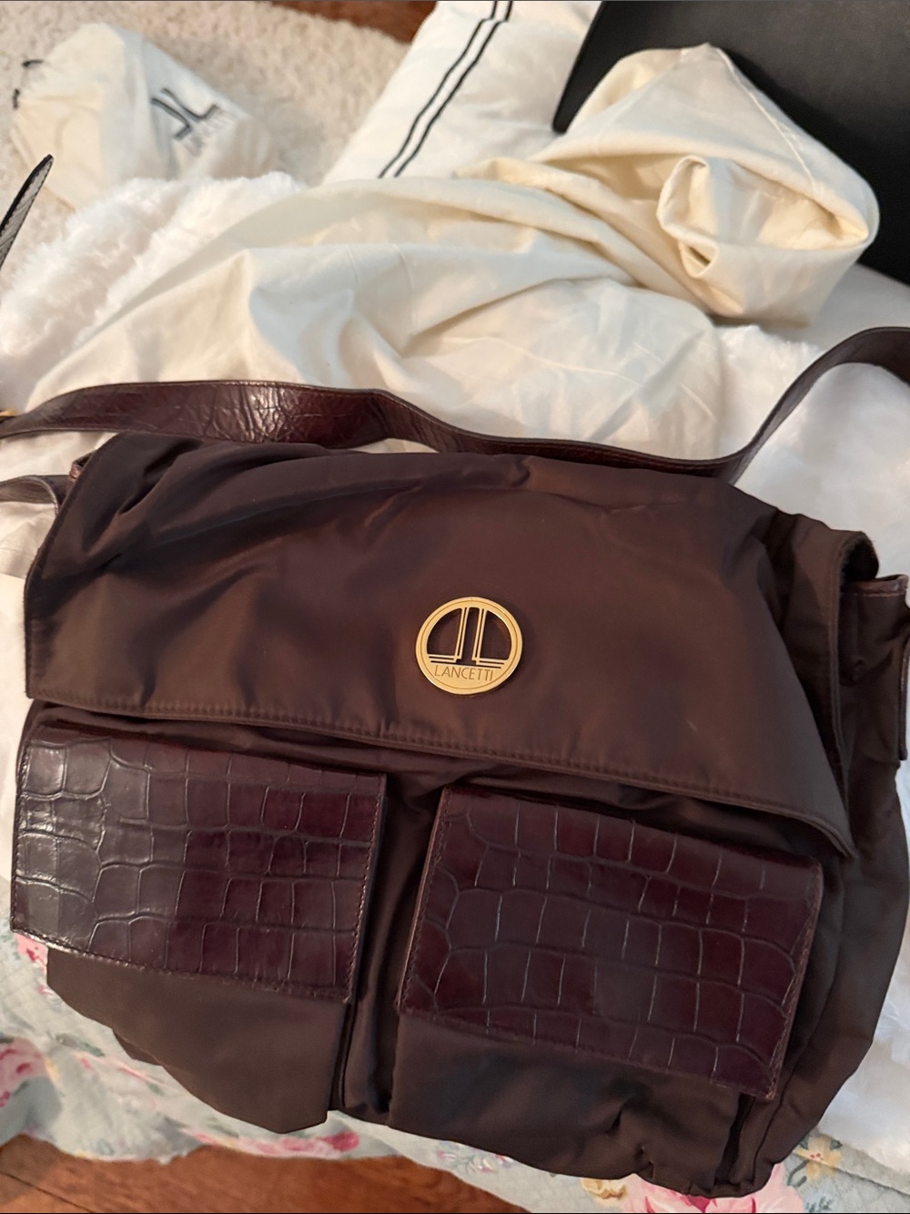 Chocolate Brown Nylon Shoulder Bag with Croc-Texture Pockets